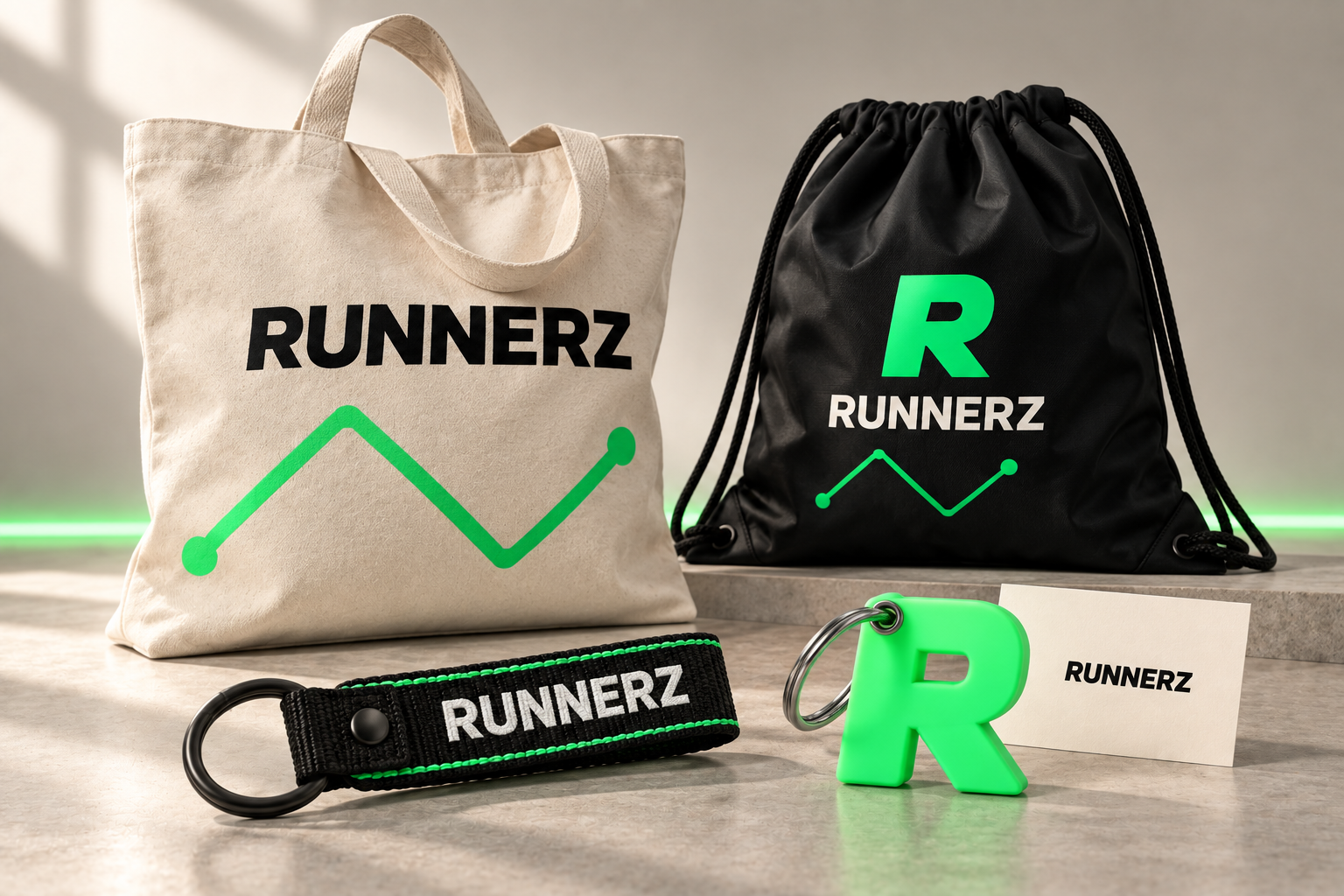 Runnerz concept mockups for bags, keychains and an R sticker