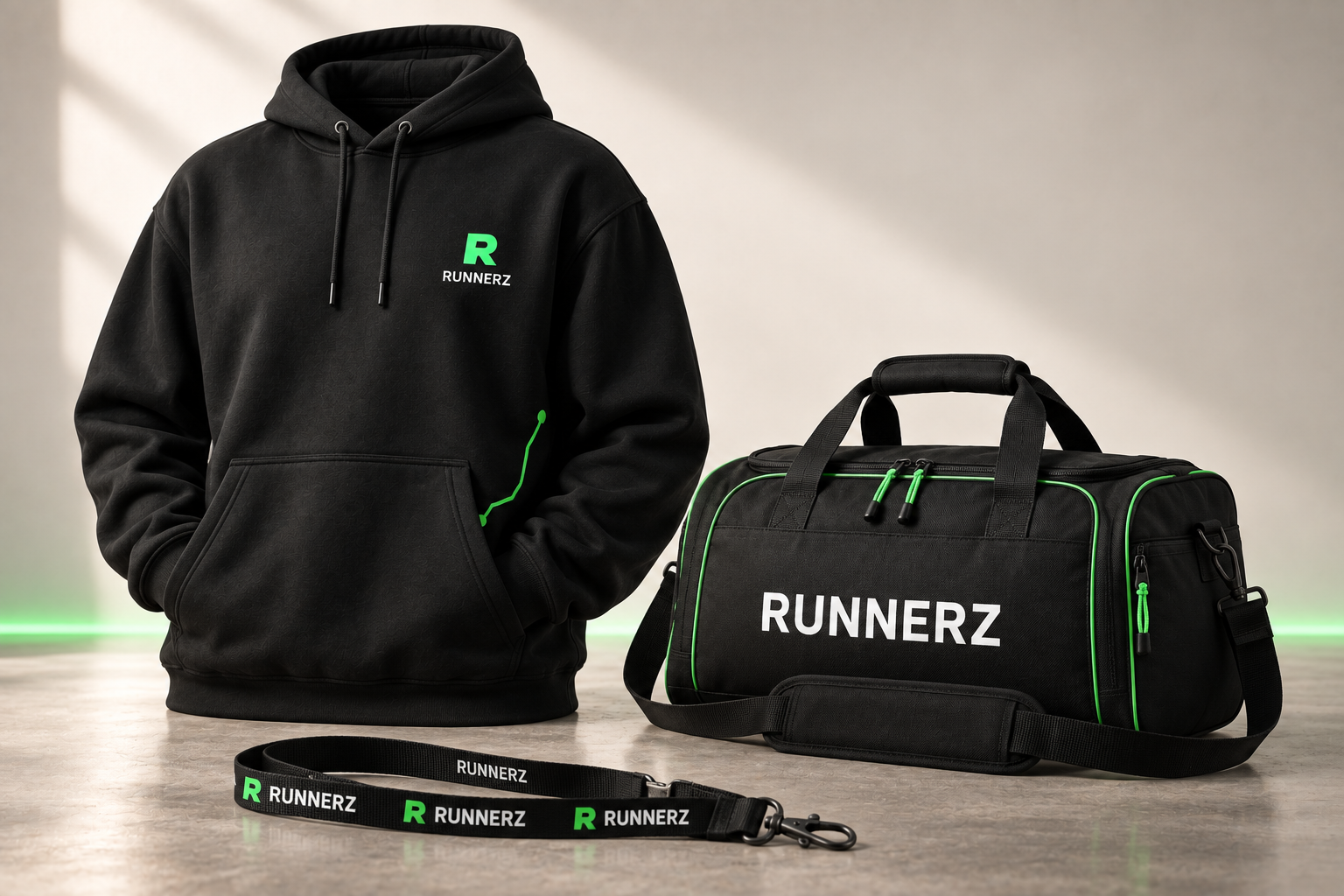 Runnerz concept mockups for a club hoodie, gym duffel and crew lanyard