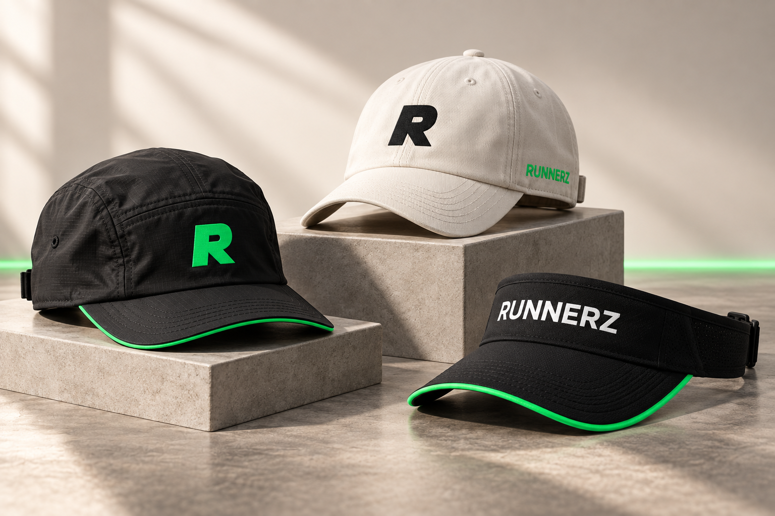 Runnerz concept mockups for two caps and a run visor