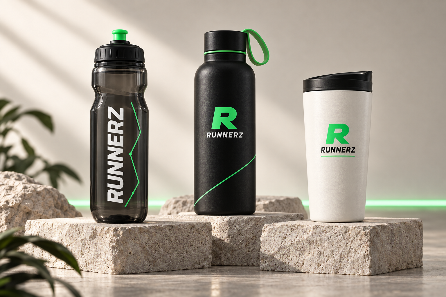 Runnerz concept mockups for a sports bottle, steel bottle and travel tumbler