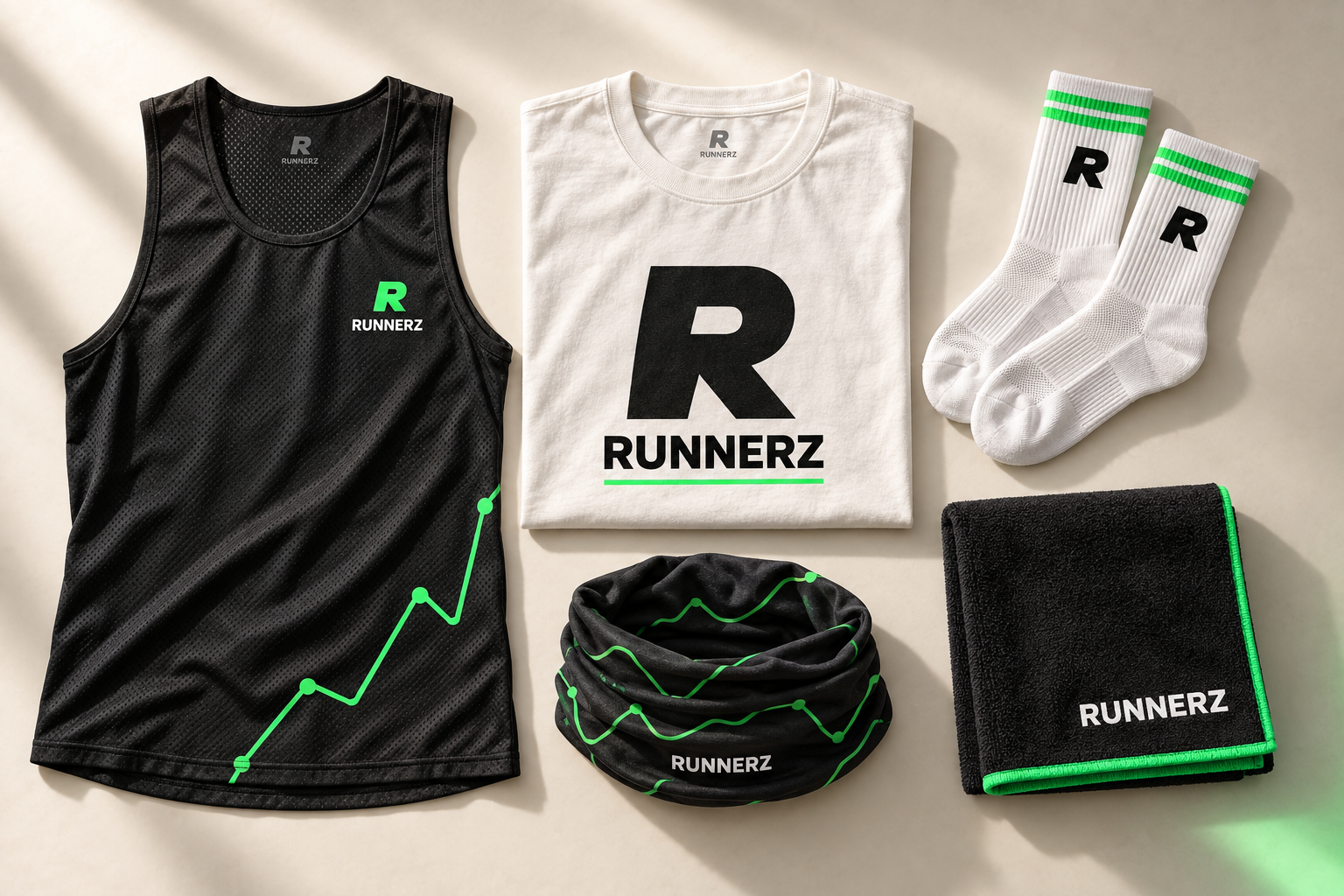 Runnerz concept mockups for a run singlet, crew socks, tubular buff and training towel