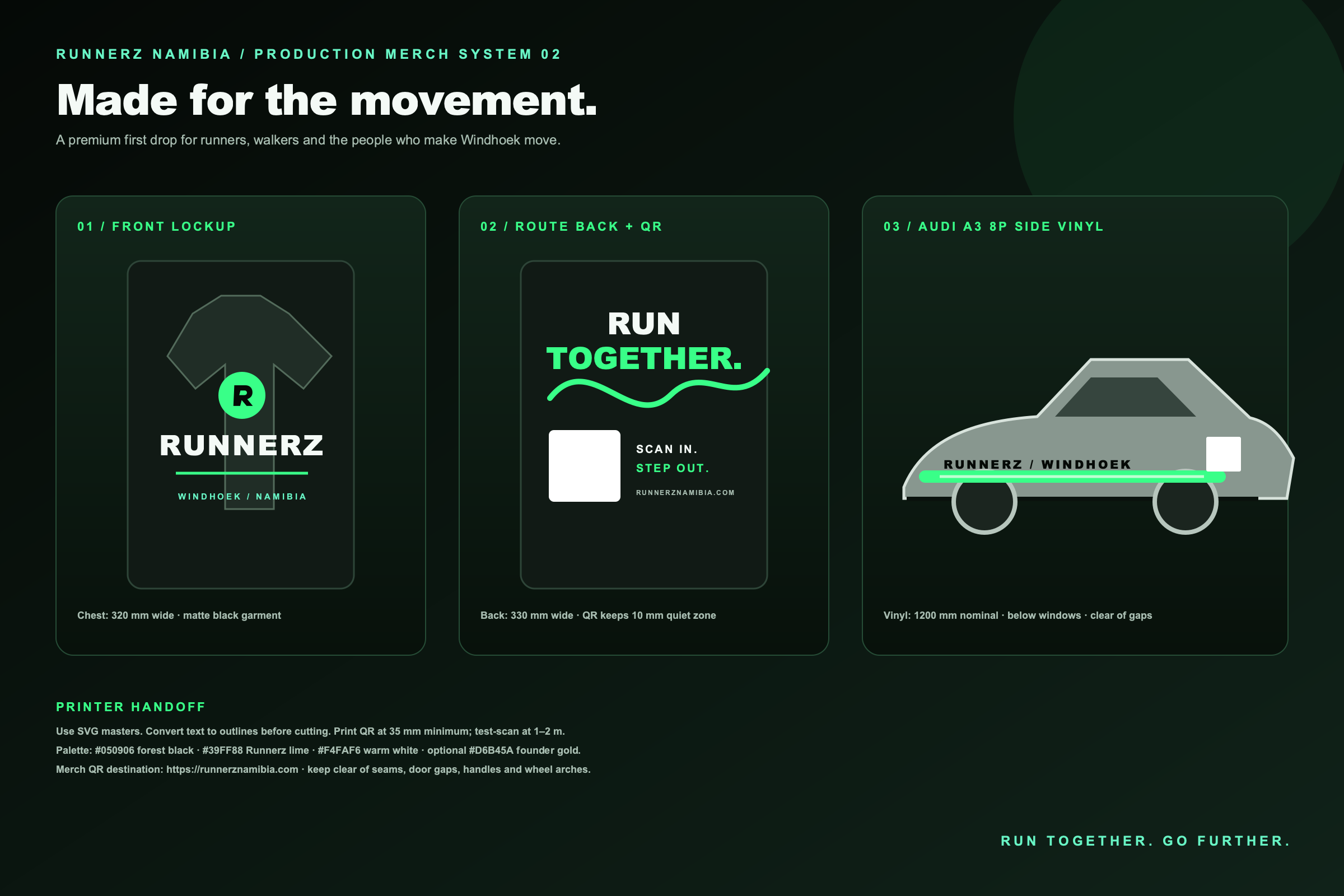 Runnerz original tee artwork and supporter vehicle launch graphics