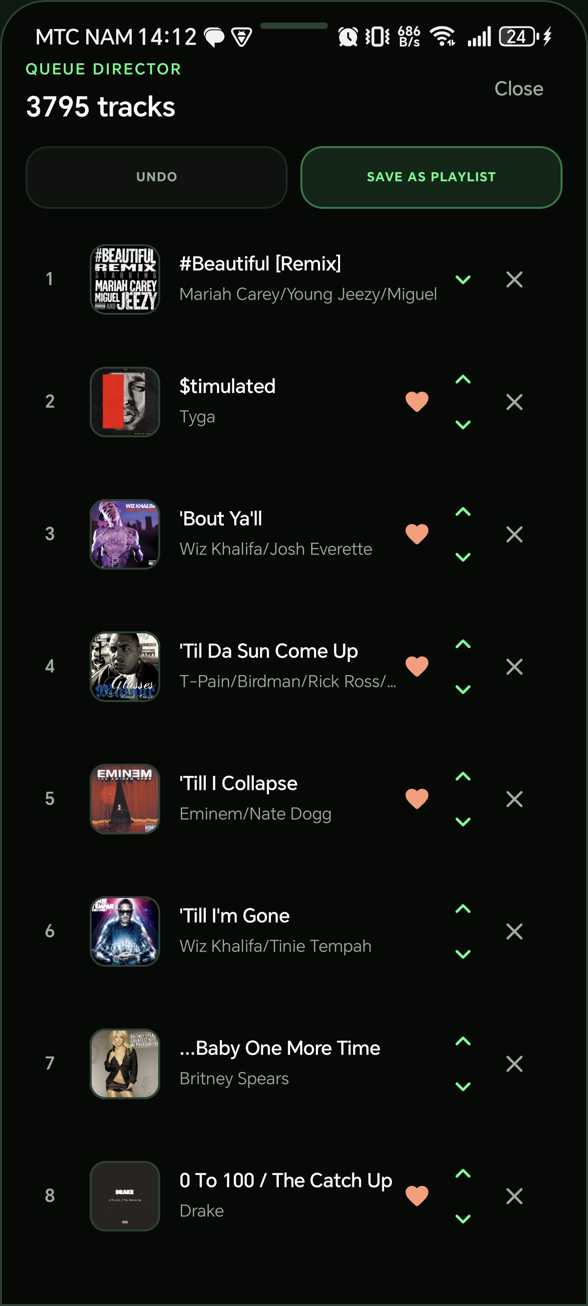 UNIFIED Queue Director showing reorder, Play Next, remove and save playlist controls